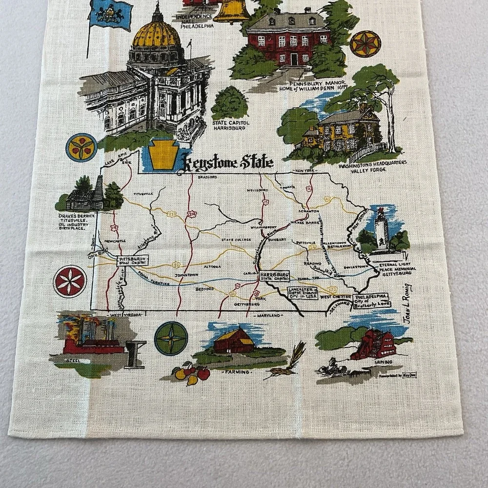 Kay Dee Handprints Linen Kitchen Towel Pennsylvania Map Tourist Attractions VTG